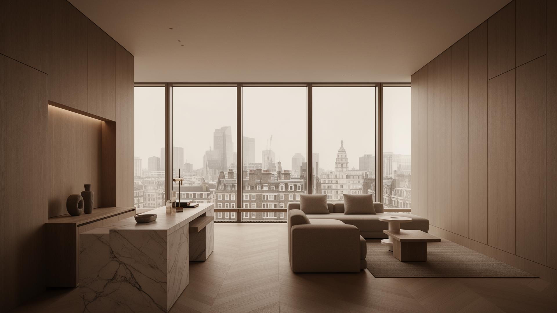 Original London-view living room with warm timber, natural stone and sculptural seating; illustrative interior, not a managed-property portfolio