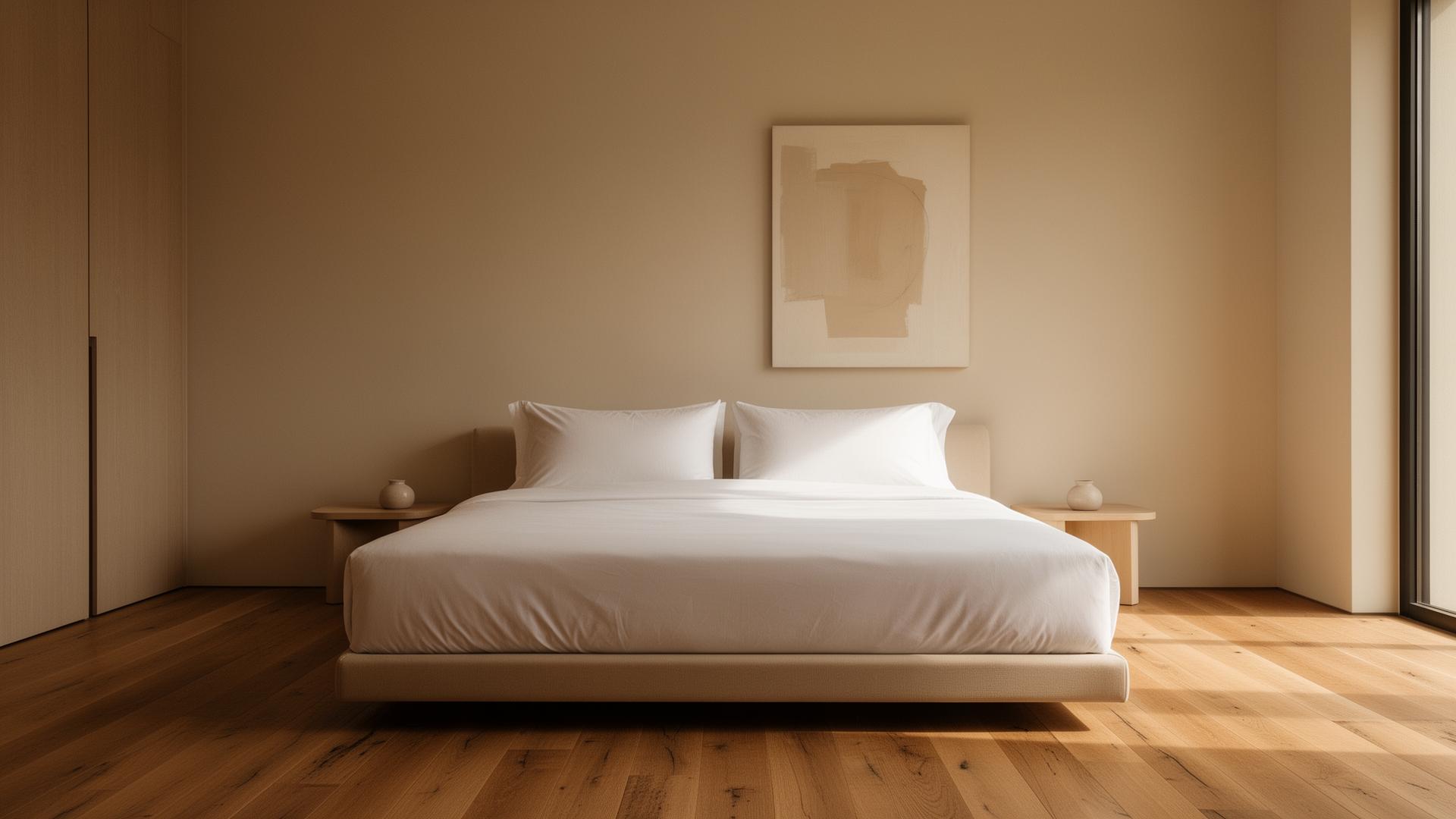 Original calm bedroom with upholstered headboard and warm timber; illustrative interior, not a managed-property portfolio